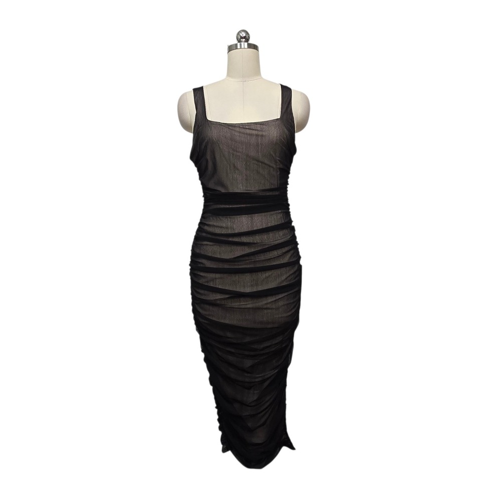 Lulus Black Mesh Ruched Square Neck Bodycon Midi Dress Size Large New